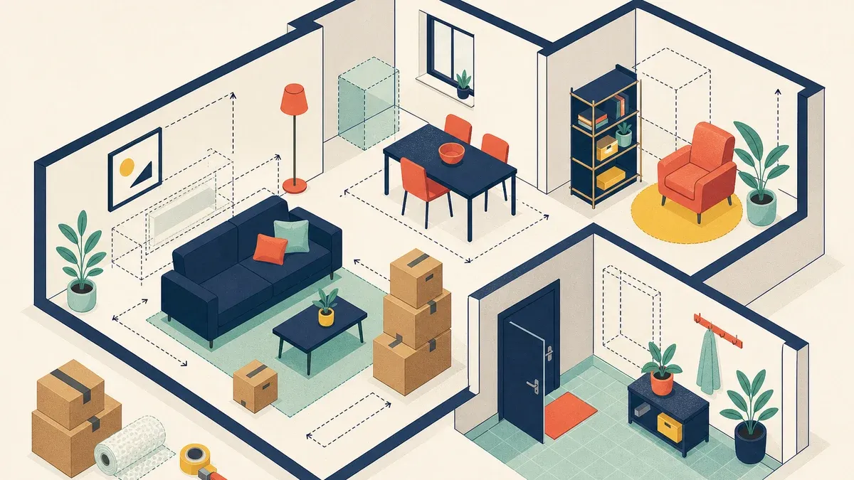 Intérieur en coupe où les meubles sont mesurés par des repères de volume