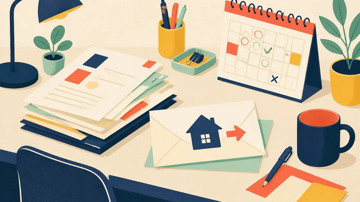 Bureau avec courriers administratifs et calendrier de changement d'adresse