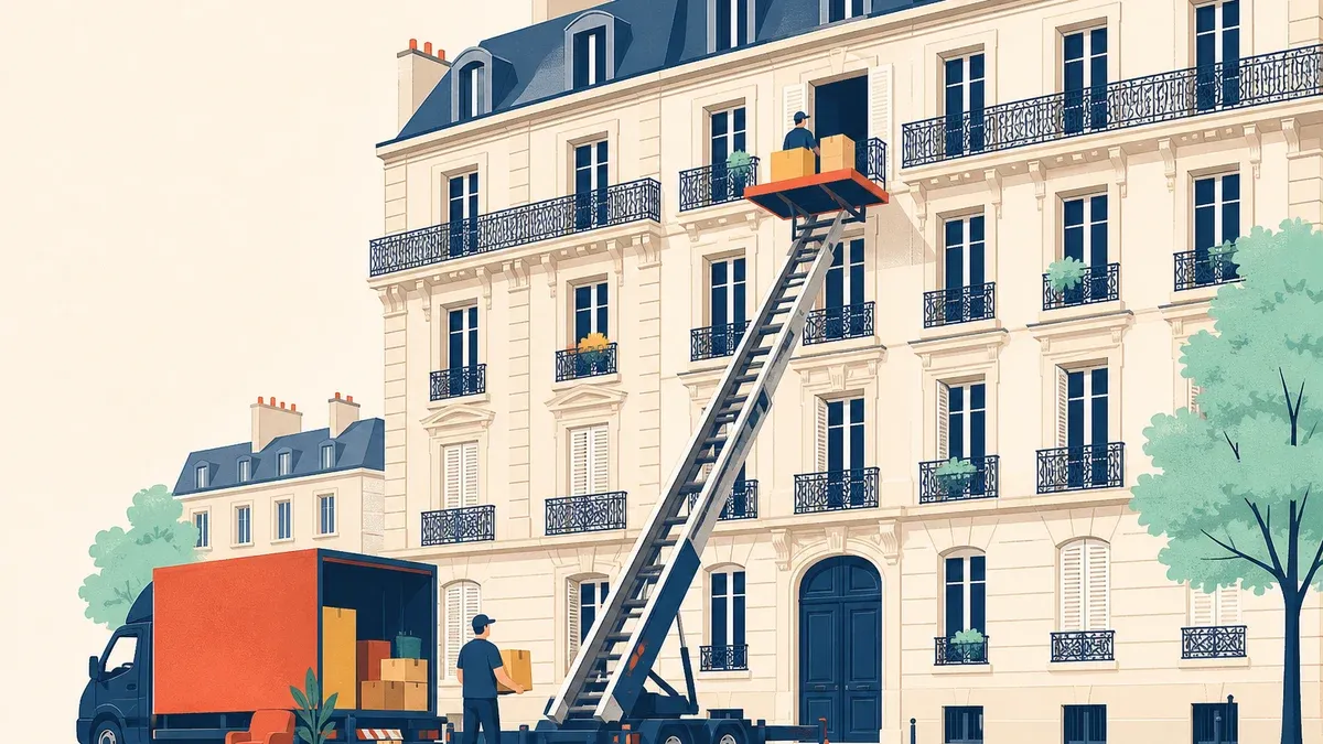 Monte-meubles déployé le long d'une façade jusqu'à une fenêtre d'étage