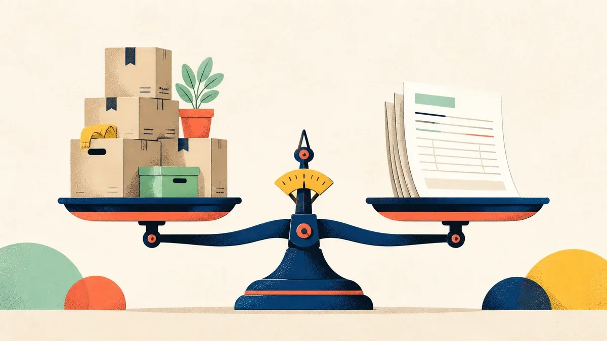 Balance mettant en regard des cartons et des feuillets de devis