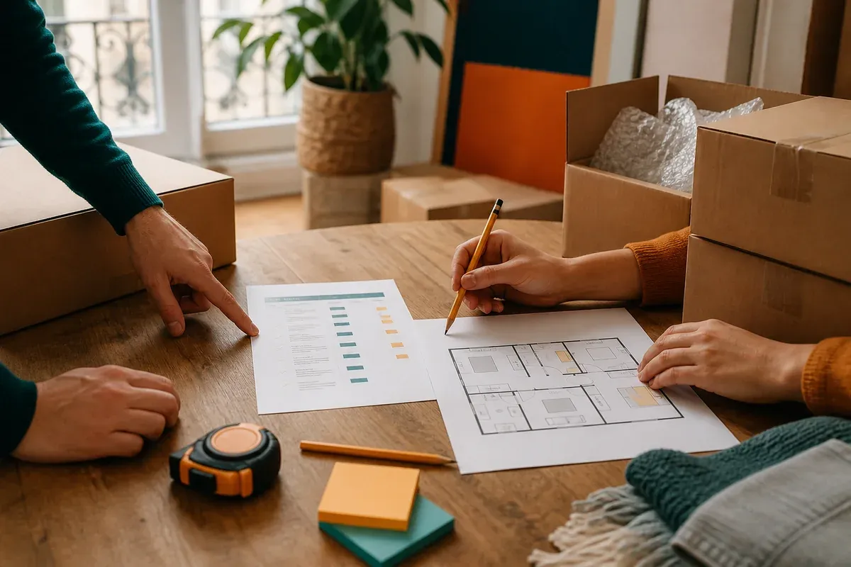 Bureau de rédaction avec notes et documents de déménagement